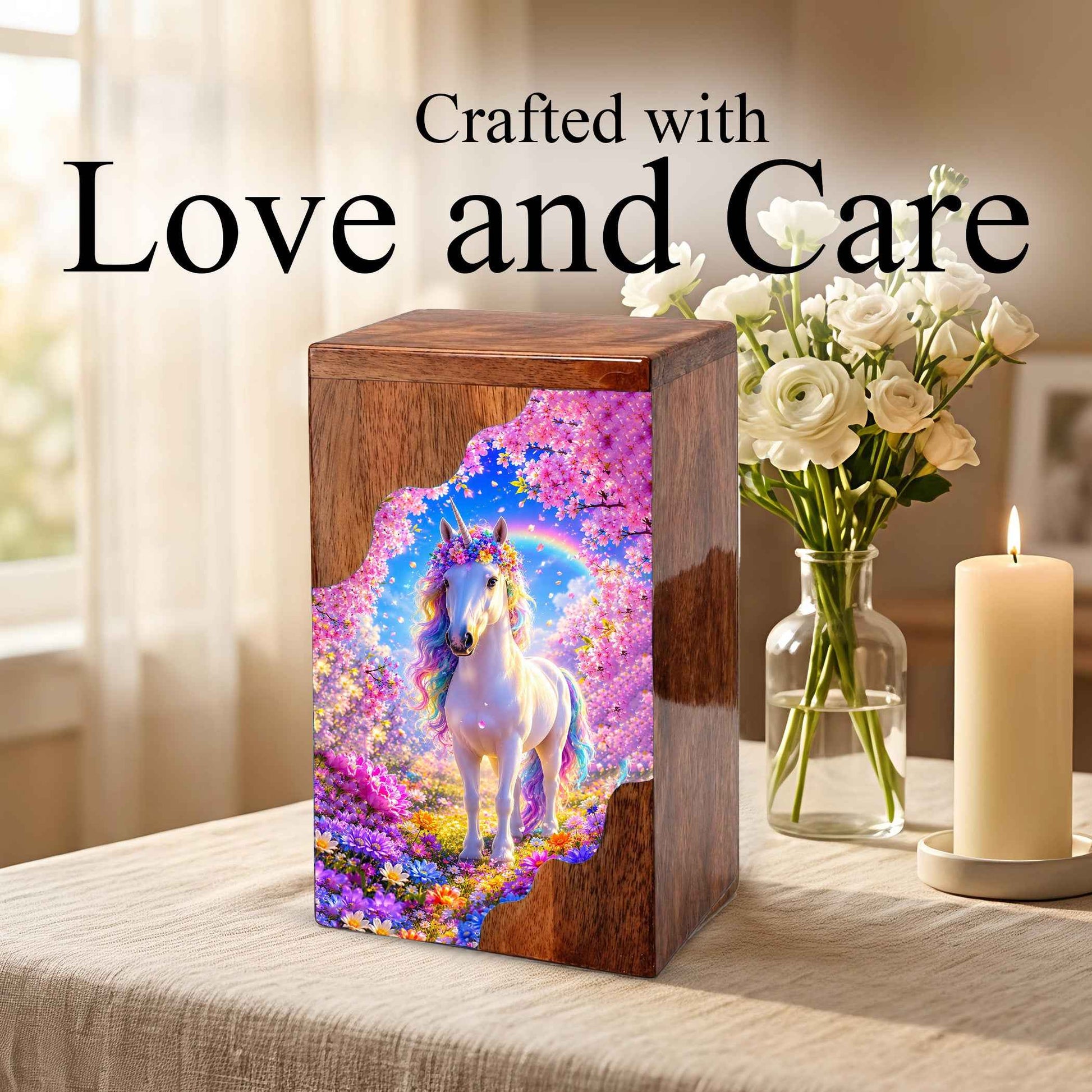 Unicorn Wooden Cremation Urn – Personalized Memorial Urn for Human Ashes | Rainbow Fantasy Wooden Urn