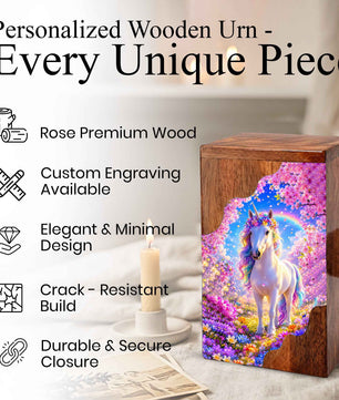 Unicorn Wooden Cremation Urn – Personalized Memorial Urn for Human Ashes | Rainbow Fantasy Wooden Urn