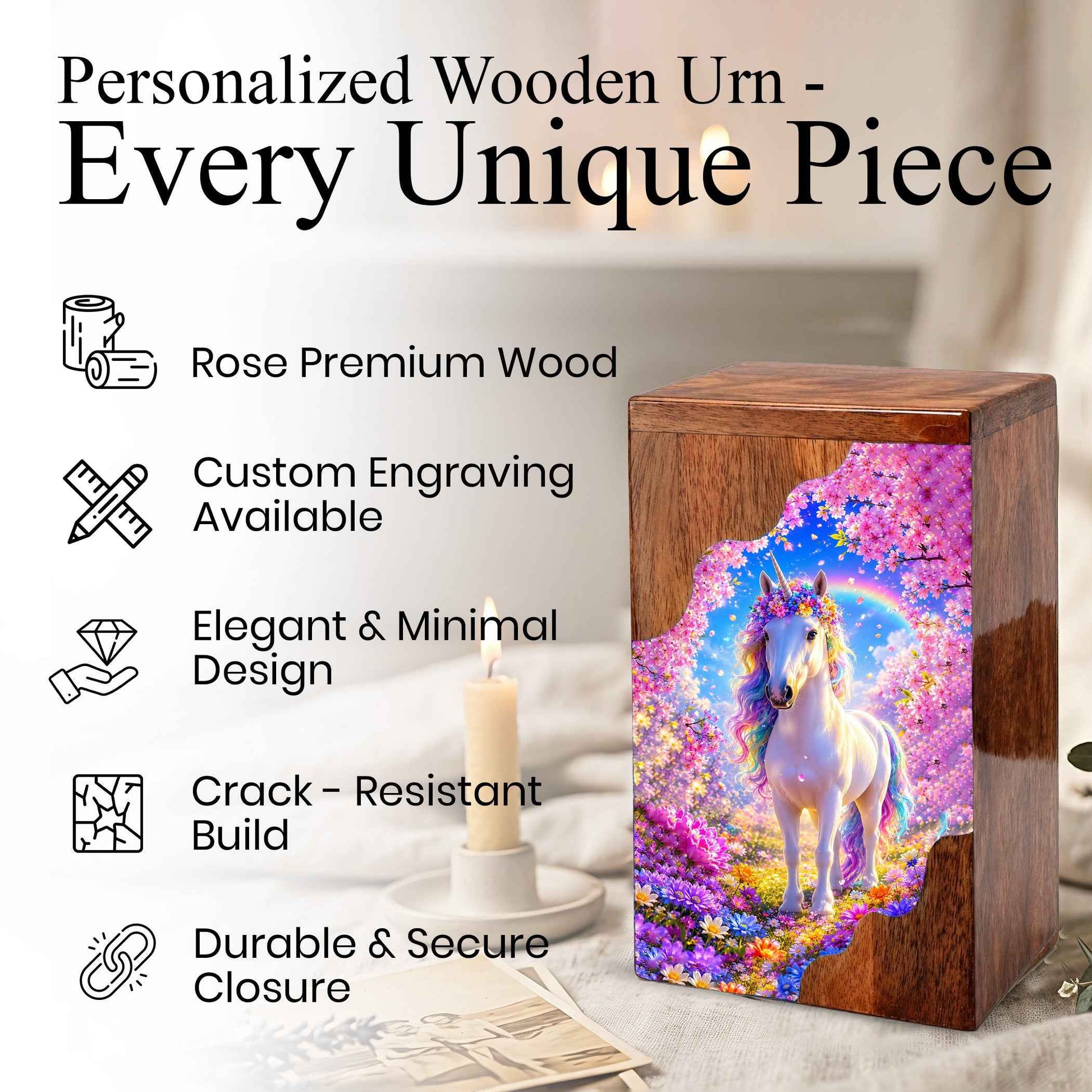 Unicorn Wooden Cremation Urn – Personalized Memorial Urn for Human Ashes | Rainbow Fantasy Wooden Urn