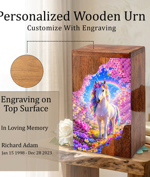 Unicorn Wooden Cremation Urn – Personalized Memorial Urn for Human Ashes | Rainbow Fantasy Wooden Urn