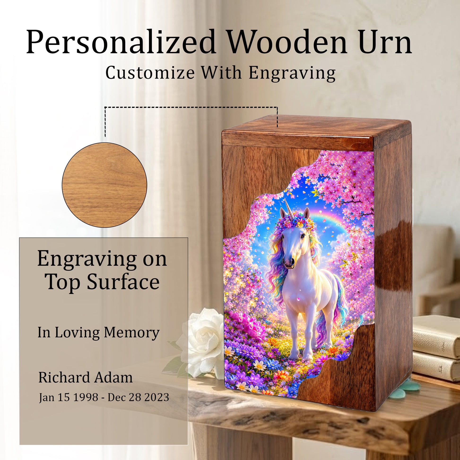 Unicorn Wooden Cremation Urn – Personalized Memorial Urn for Human Ashes | Rainbow Fantasy Wooden Urn