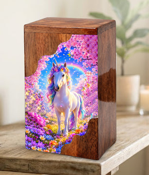 Unicorn Wooden Cremation Urn – Personalized Memorial Urn for Human Ashes | Rainbow Fantasy Wooden Urn