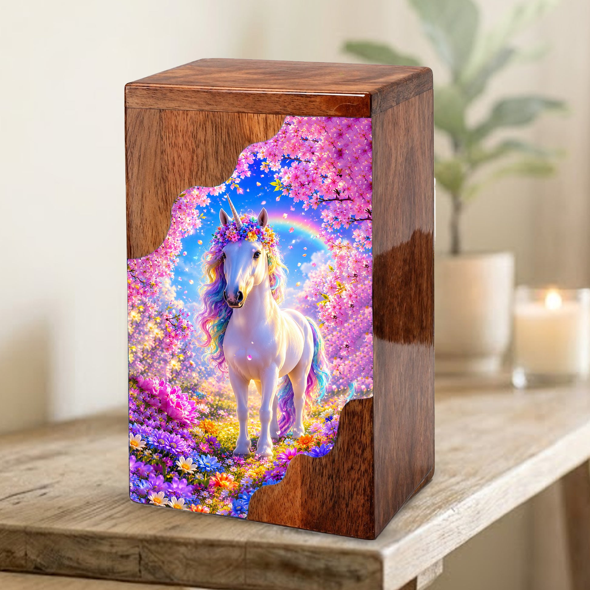 Unicorn Wooden Cremation Urn – Personalized Memorial Urn for Human Ashes | Rainbow Fantasy Wooden Urn