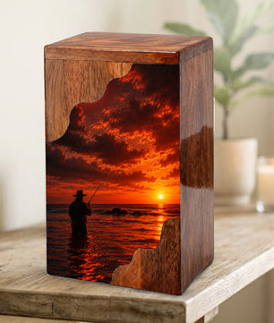 Fishing Wooden Cremation Urn – Sunset Fishing Memorial Urn for Dad | Wooden Urn for Human Ashes