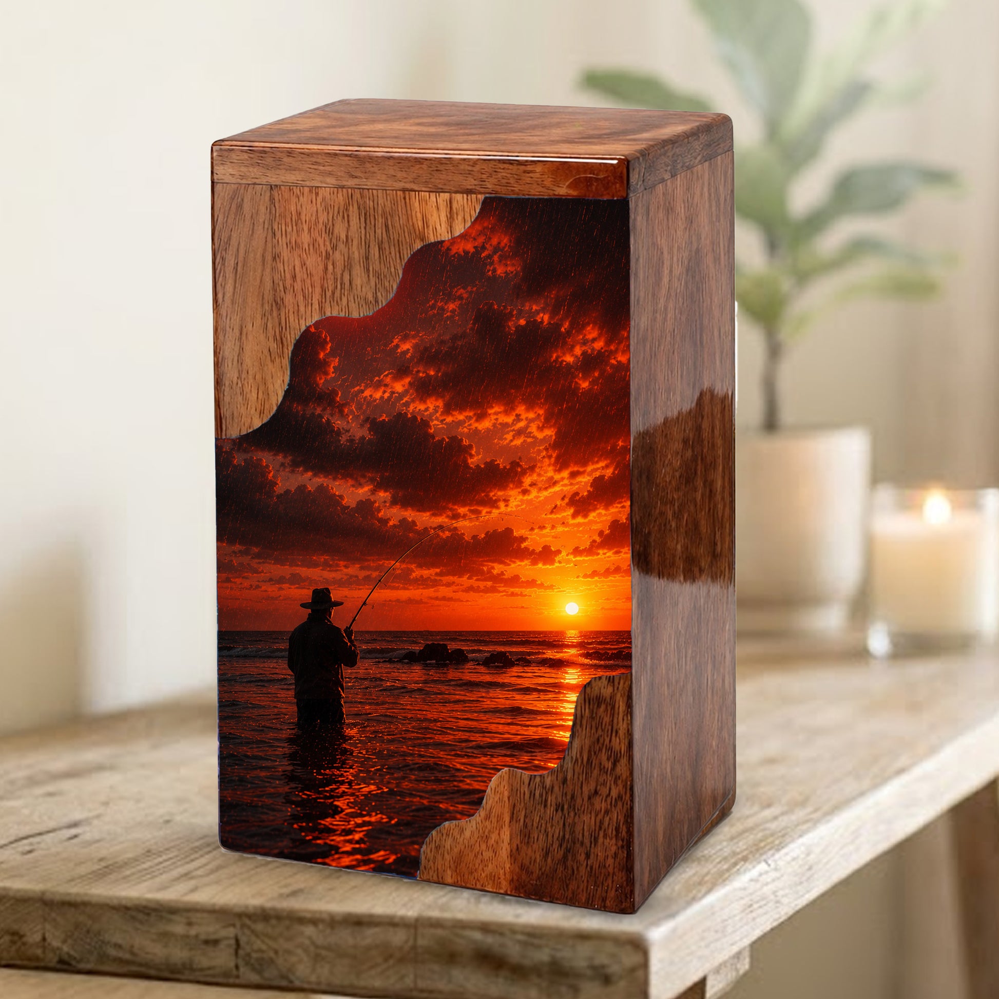 Fishing Wooden Cremation Urn – Sunset Fishing Memorial Urn for Dad | Wooden Urn for Human Ashes