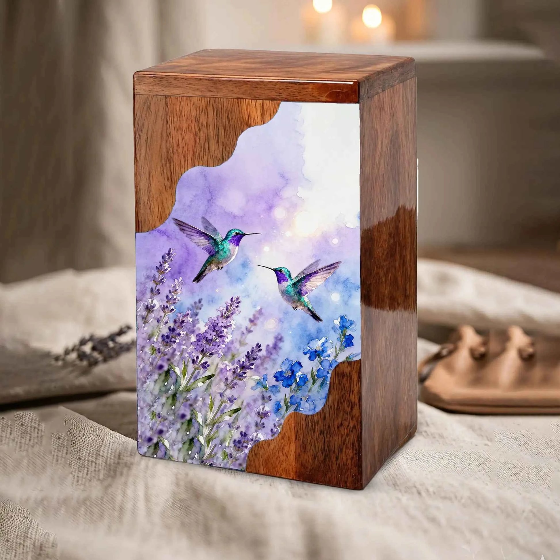 Purple Hummingbird Cremation Urn - Humming Bird Wooden Keepsake Urn Box