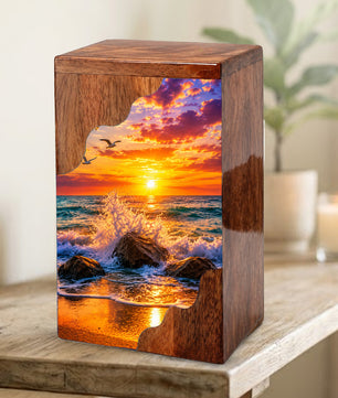 Ocean Sunset Wooden Cremation Urn – Coastal Memorial Urn with Peaceful Wave