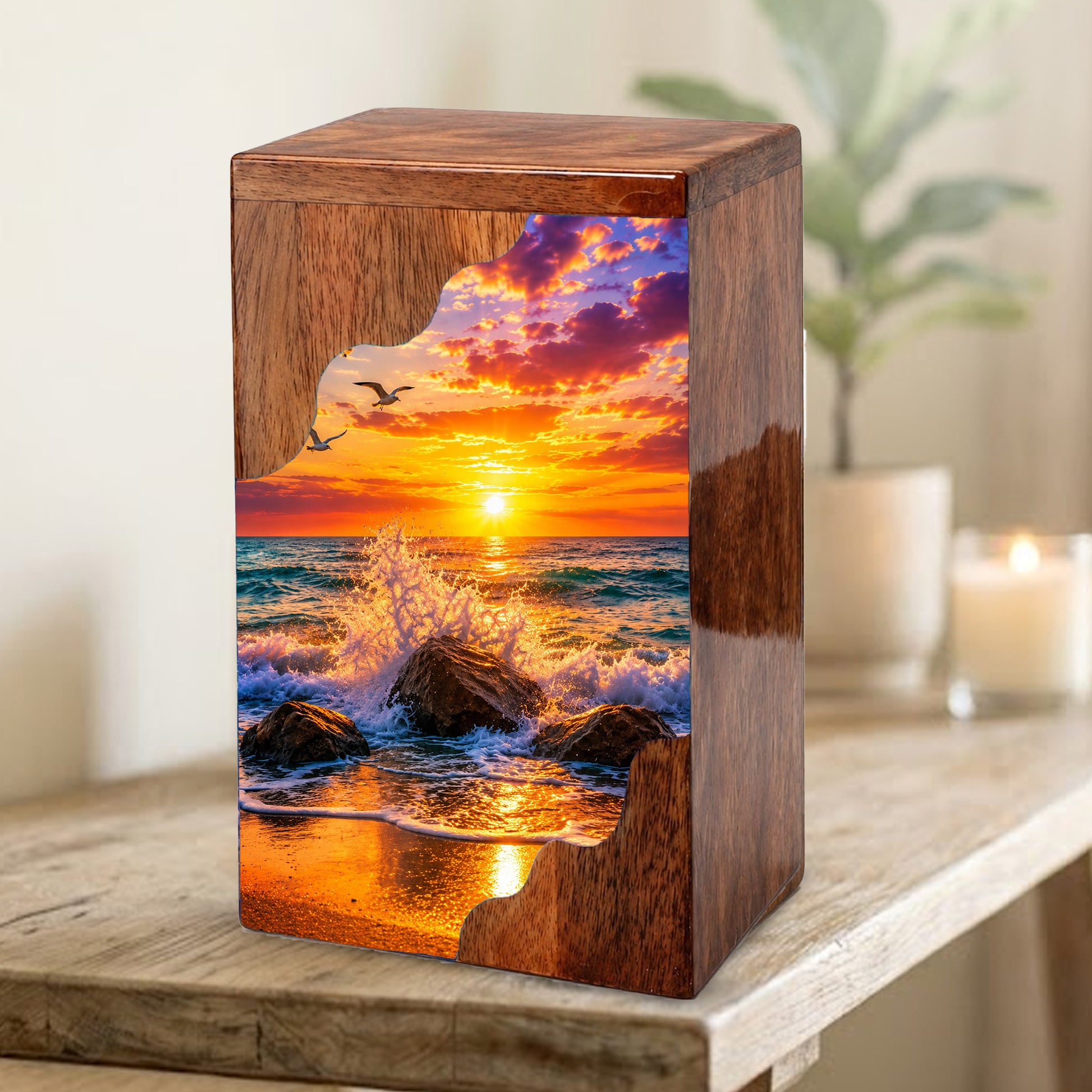 Ocean Sunset Wooden Cremation Urn – Coastal Memorial Urn with Peaceful Wave