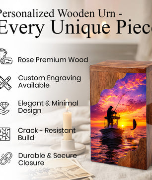 Sunset Fishing Wooden Cremation Urn – Personalized Memorial Urn for Human Ashes