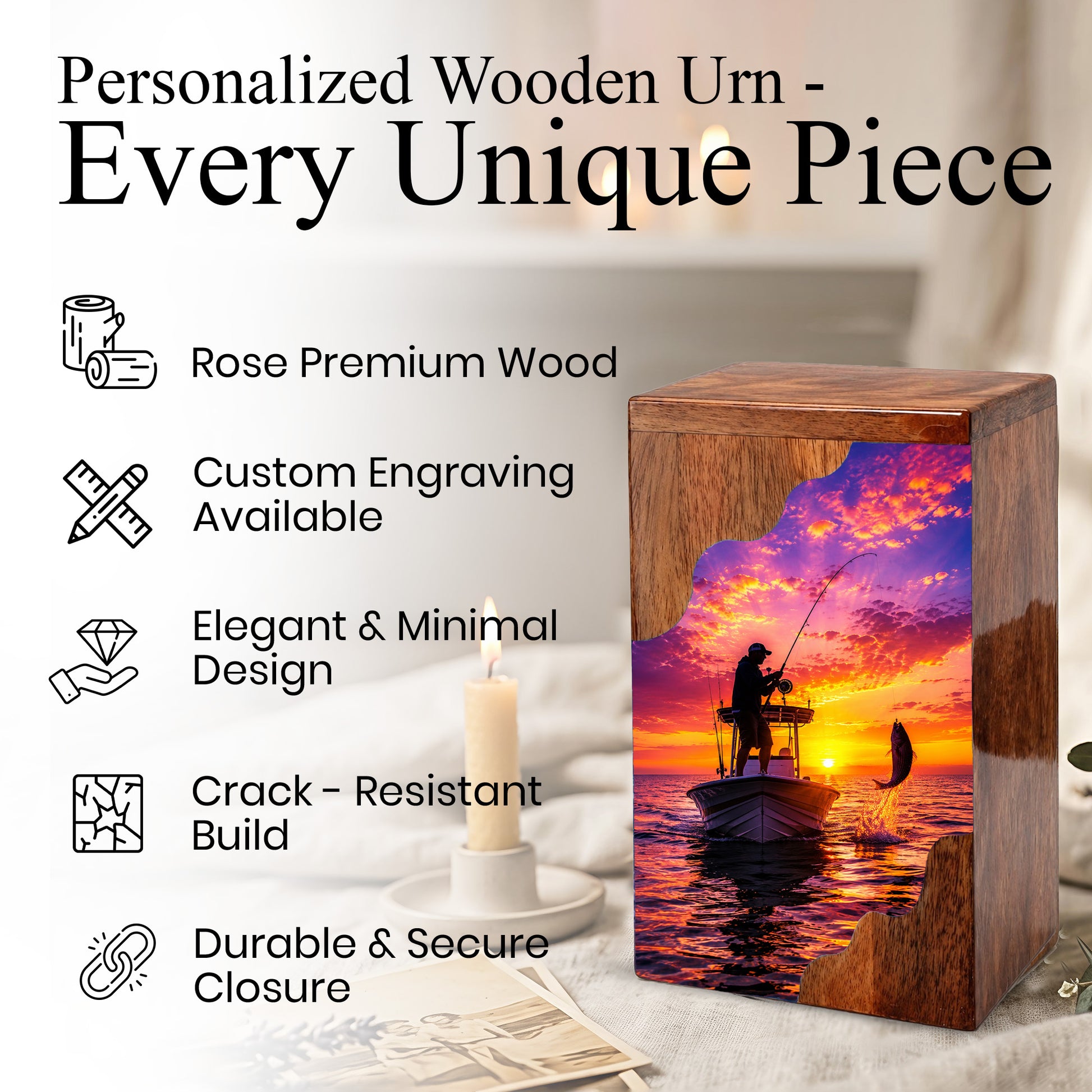 Sunset Fishing Wooden Cremation Urn – Personalized Memorial Urn for Human Ashes