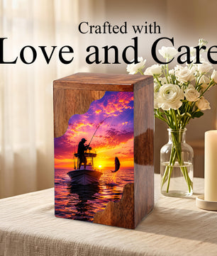 Sunset Fishing Wooden Cremation Urn – Personalized Memorial Urn for Human Ashes