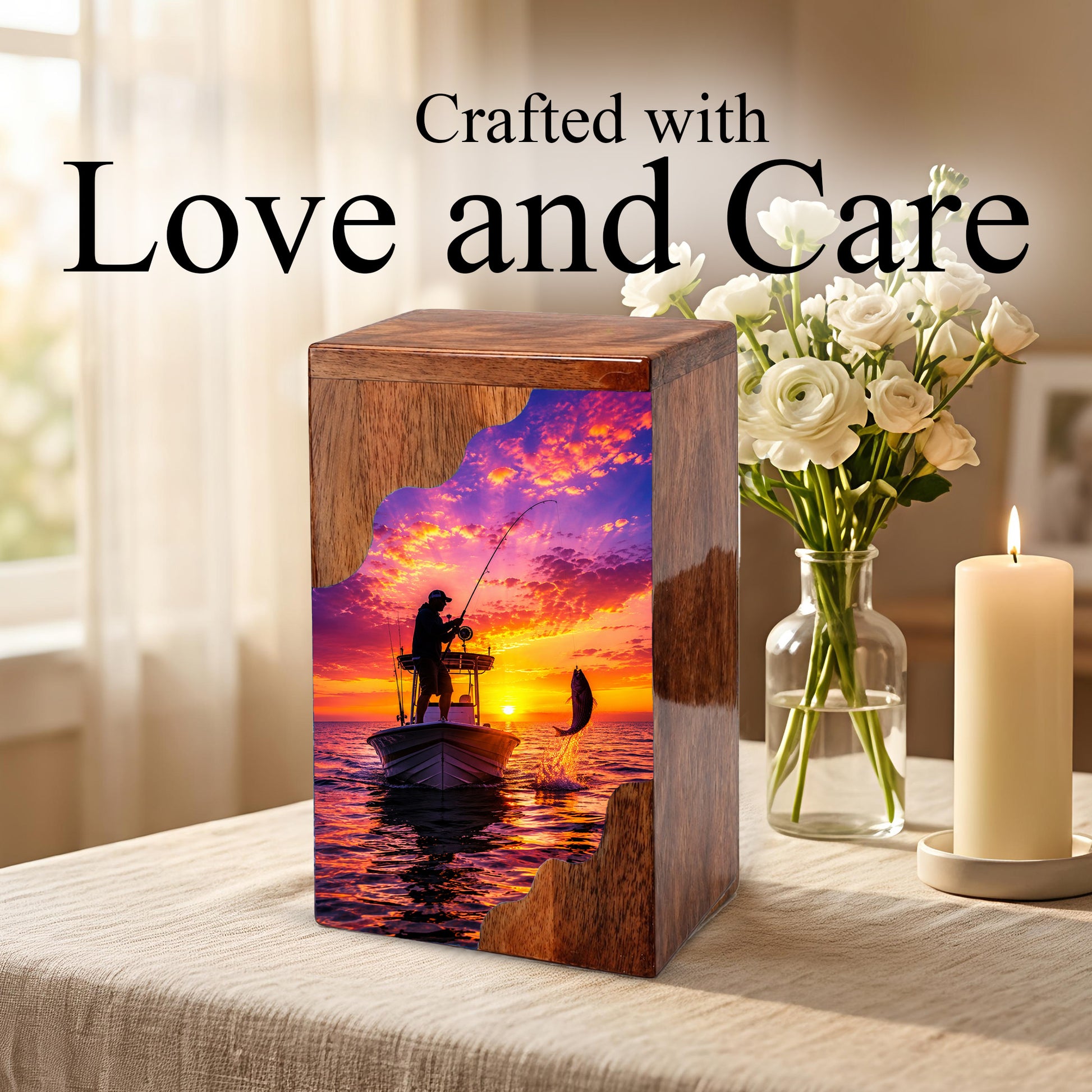 Sunset Fishing Wooden Cremation Urn – Personalized Memorial Urn for Human Ashes