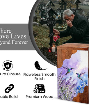Purple Hummingbird Cremation Urn - Humming Bird Wooden Keepsake Urn Box