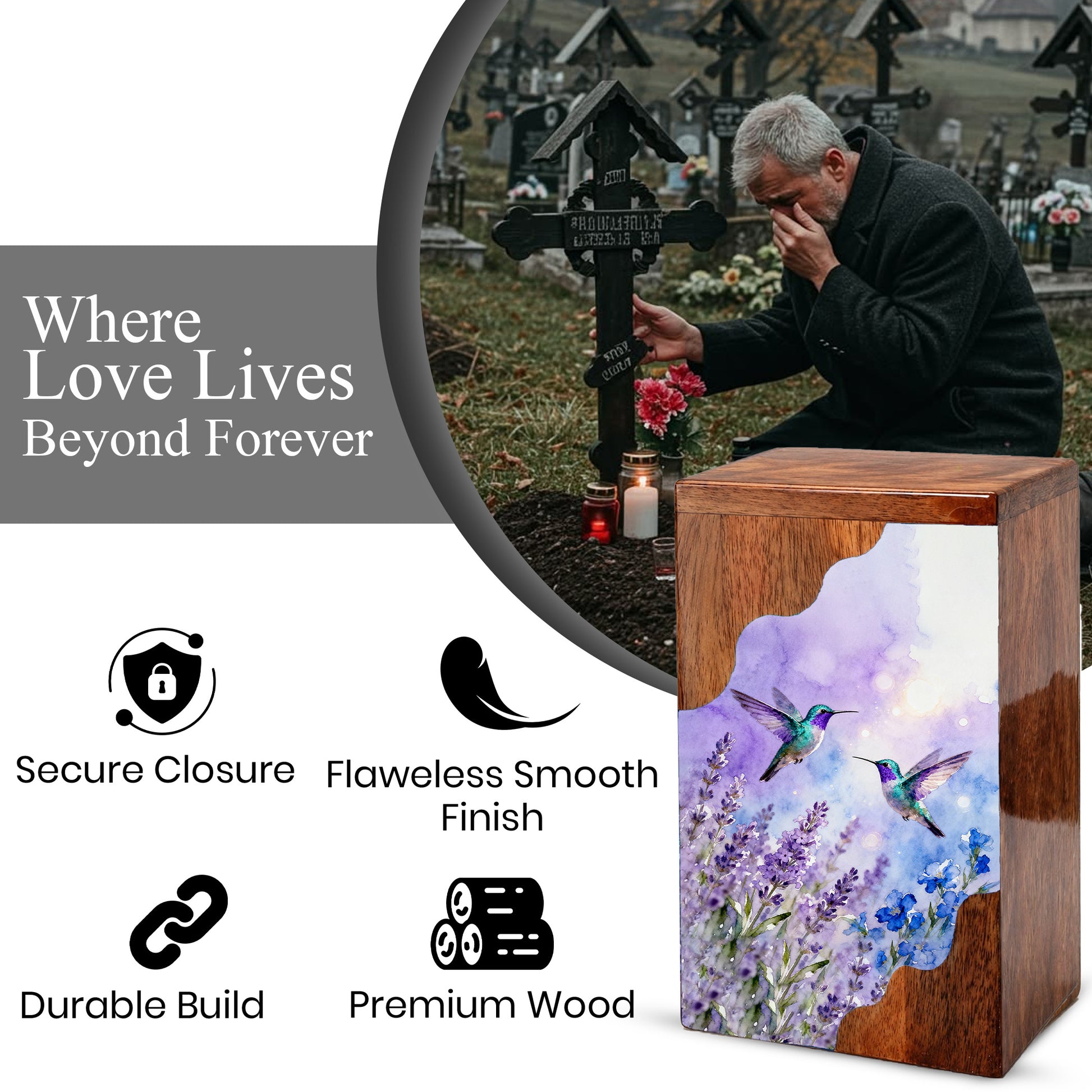 Hummingbird Cremation Urn for Mom – Custom Wooden Memorial Urn Box for Ashes,