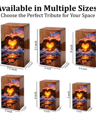 Ocean Sunset Wooden Cremation Urn – Coastal Memorial Urn with Heart Rock Formation