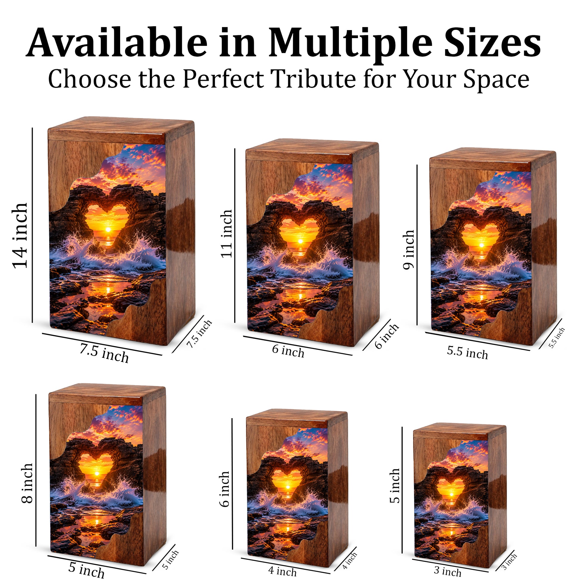 Ocean Sunset Wooden Cremation Urn – Coastal Memorial Urn with Heart Rock Formation