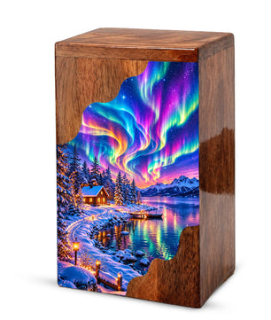 Northern Lights Wooden Cremation Urn – Aurora Borealis Winter Memorial Urn with Snowy Lake