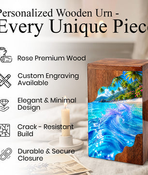 Tropical Ocean Wave Wooden Cremation Urn – Personalized Memorial Urn for Human Ashes