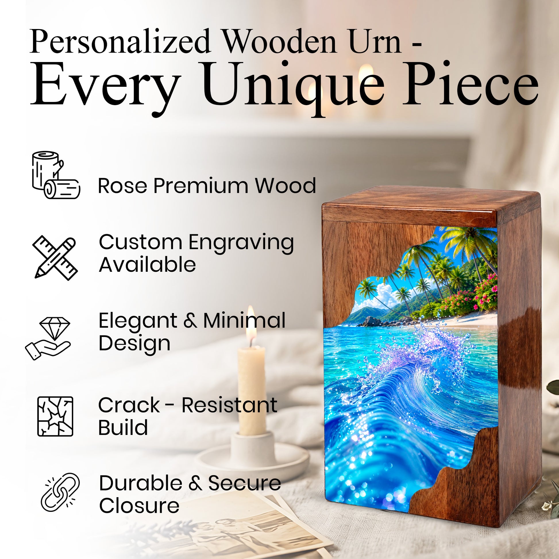 Tropical Ocean Wave Wooden Cremation Urn – Personalized Memorial Urn for Human Ashes