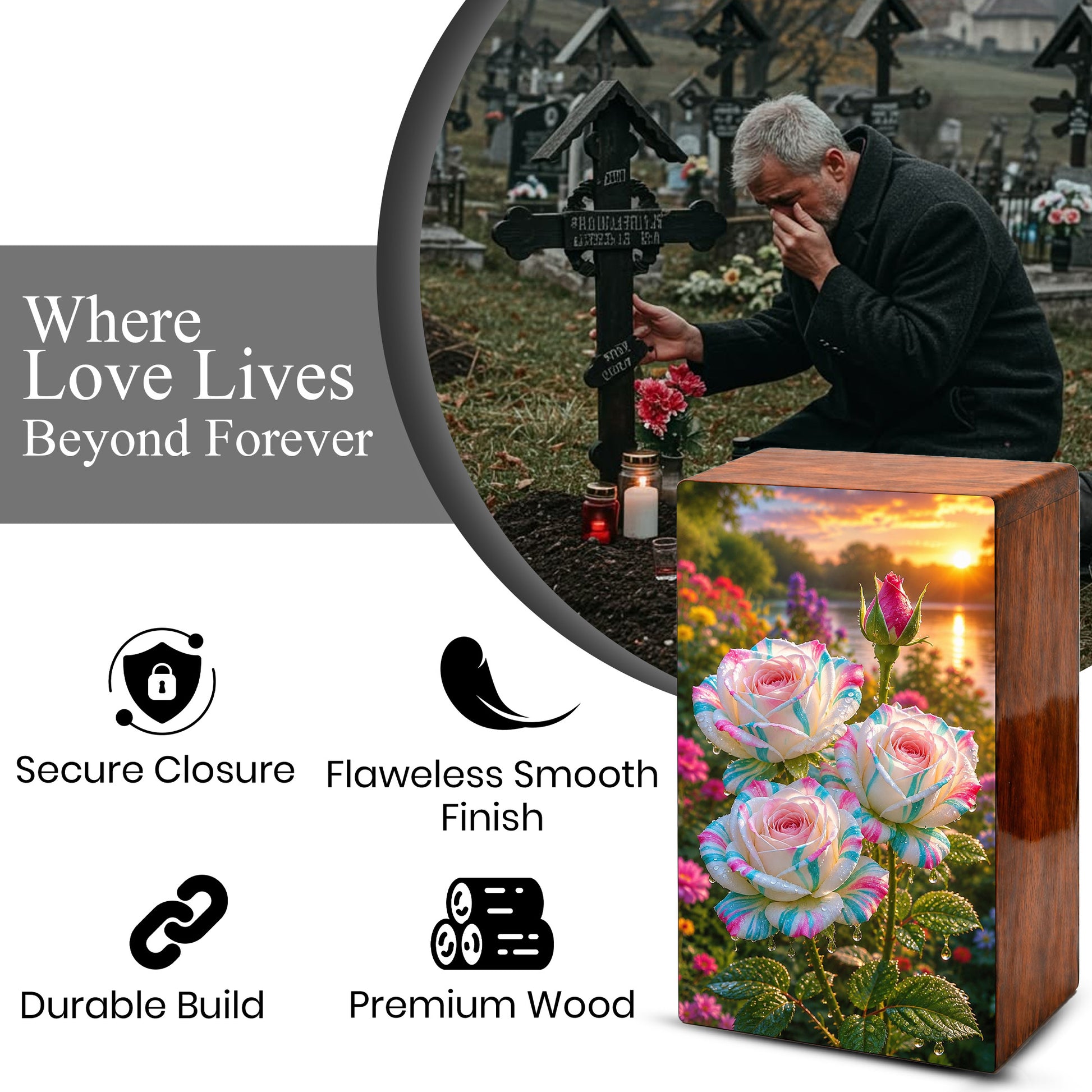 White Rose Urn For Adult Ashes - Funeral Flowers Cremation Urn Box