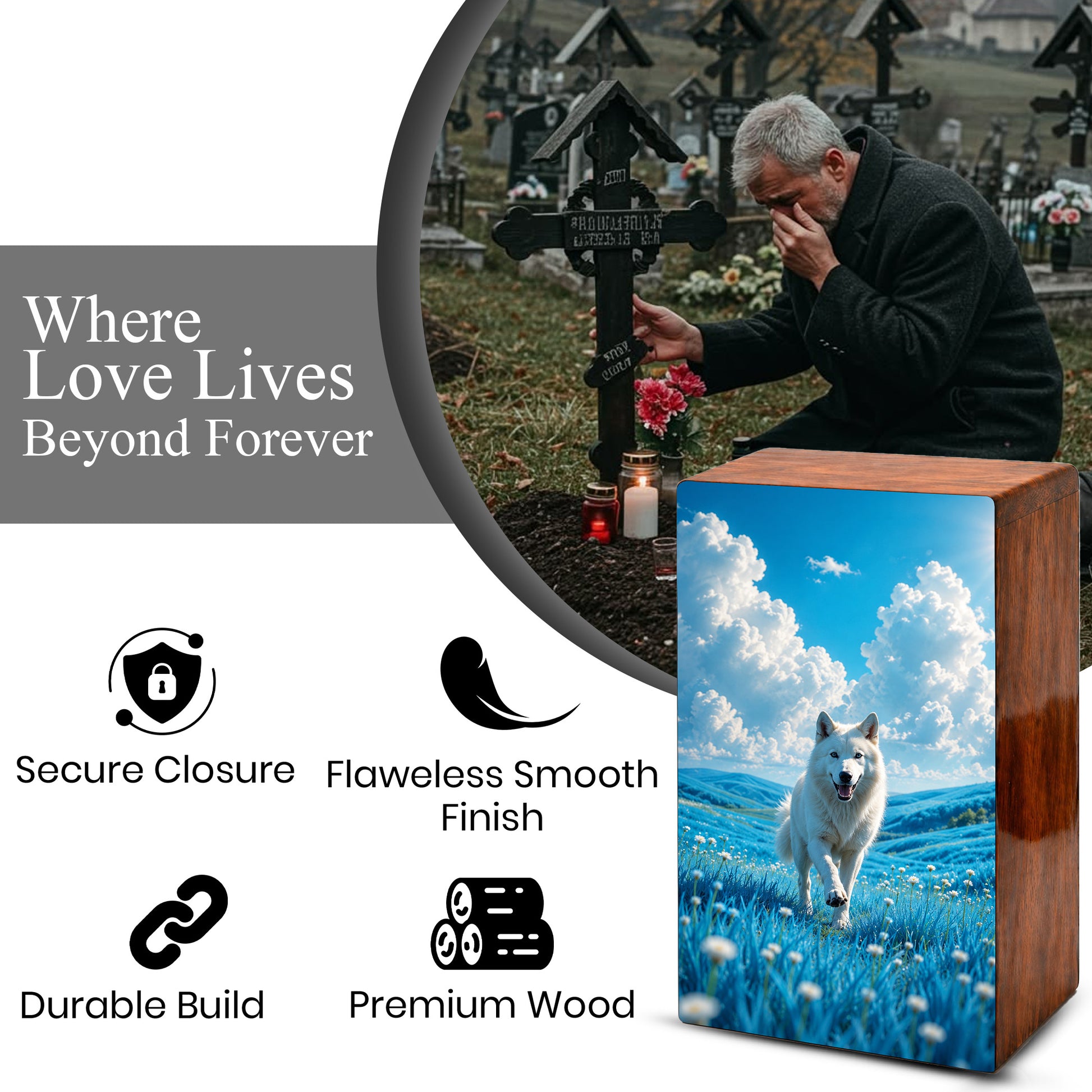 Wolf Urn For Human Ashes Male - Animal Cremation Keepsake Wooden Urns For Dad