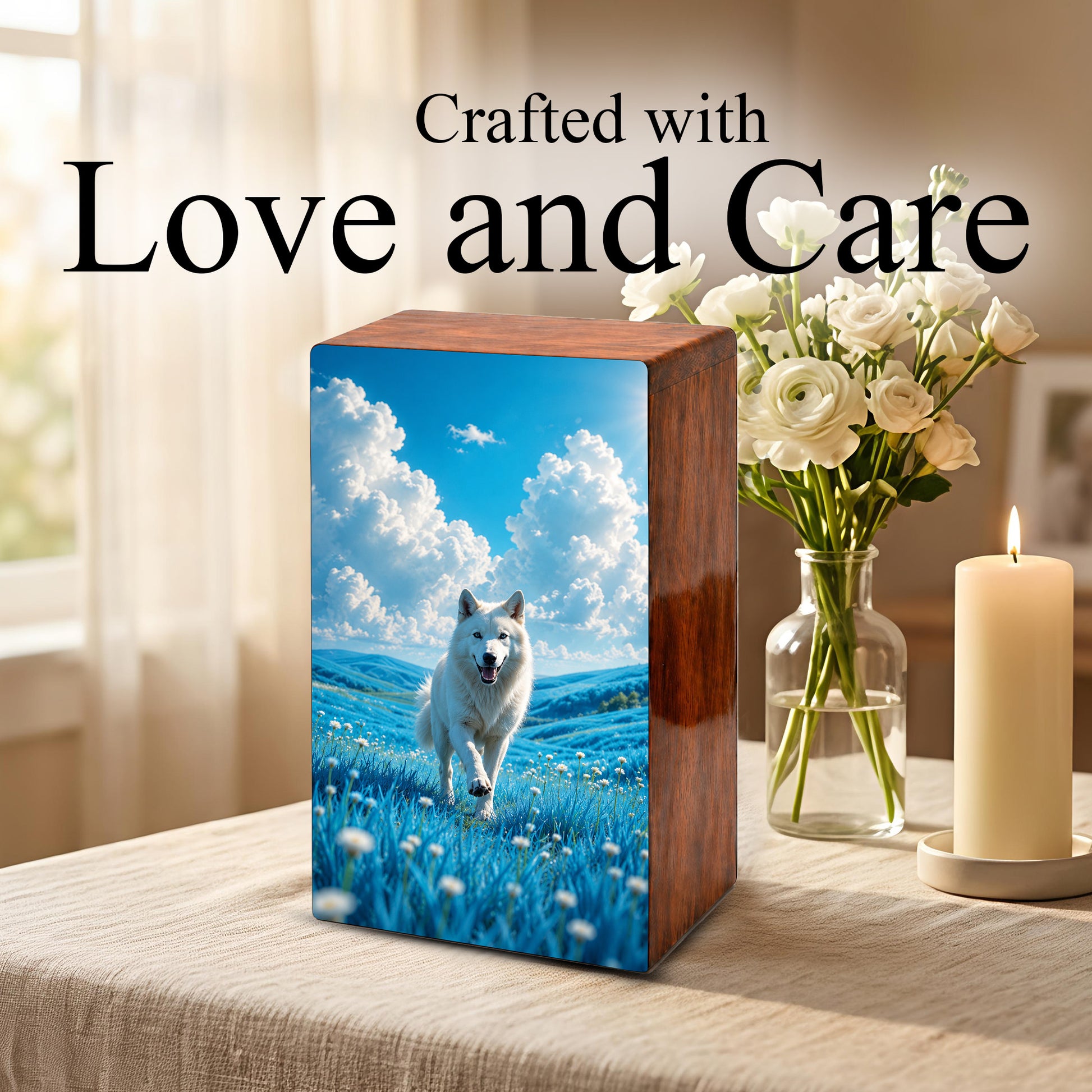 Wolf Urn For Human Ashes Male - Animal Cremation Keepsake Wooden Urns For Dad