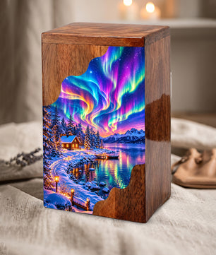 Northern Lights Wooden Cremation Urn – Aurora Borealis Winter Memorial Urn with Snowy Lake
