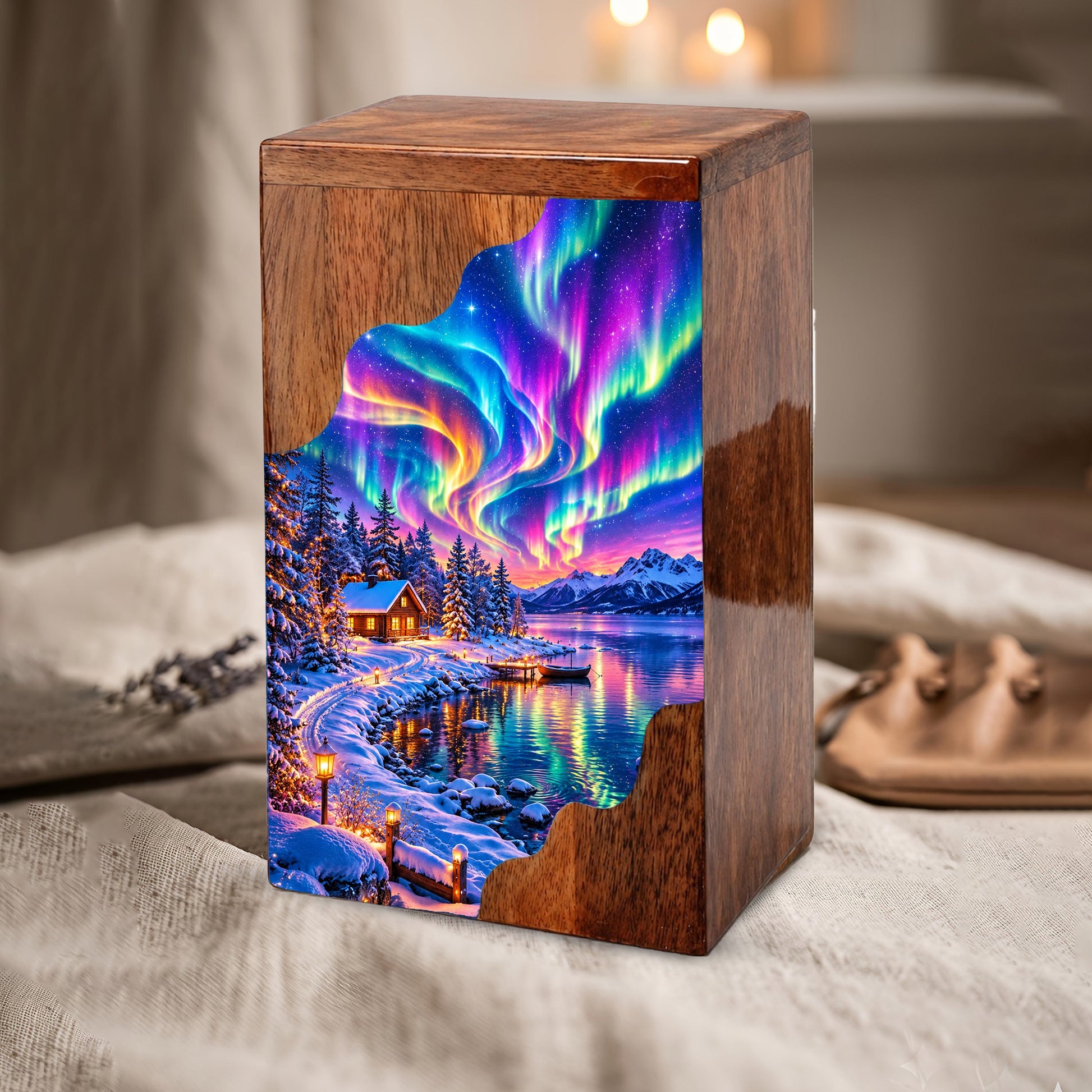 Northern Lights Wooden Cremation Urn – Aurora Borealis Winter Memorial Urn with Snowy Lake