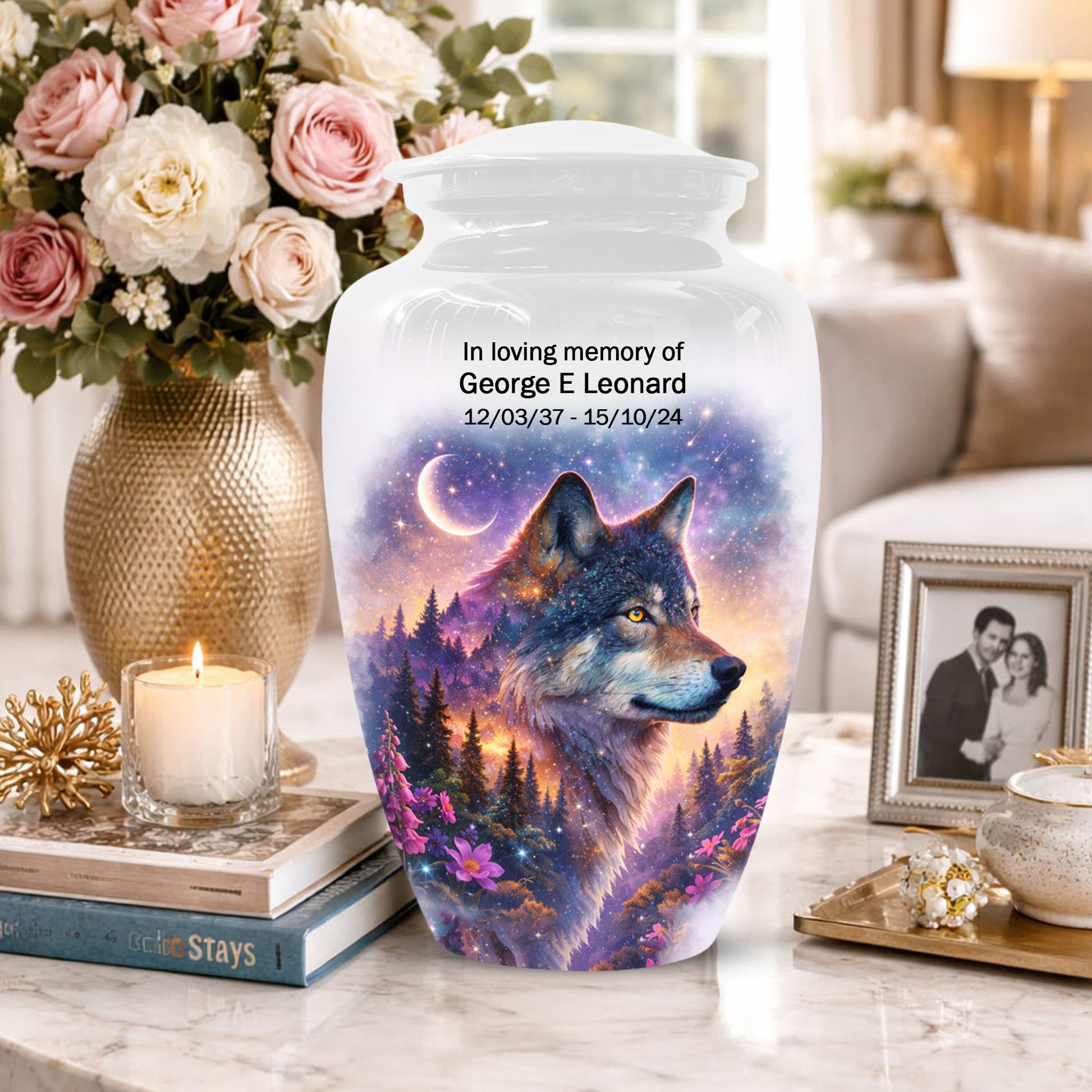 Personalized Wolf Memorial Urn - Wolf Cremation Keepsake Urns for Dad