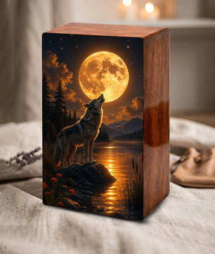 Moonlit Wolf Urn For Ashes Male - Animal Cremation Keepsake Urns For Dad