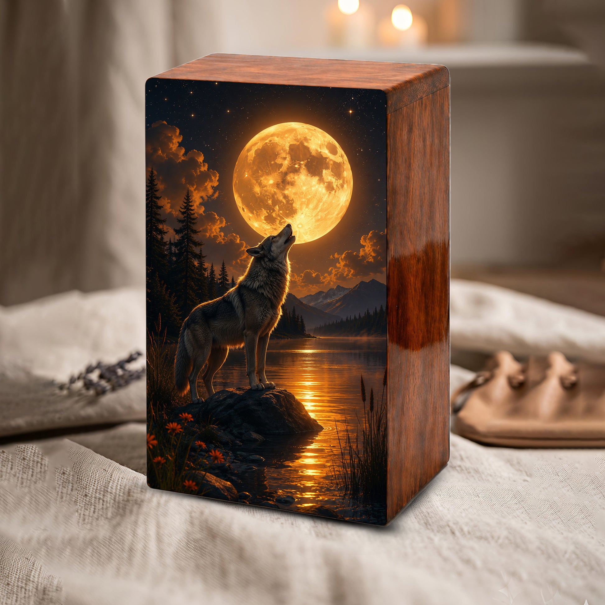 Moonlit Wolf Urn For Ashes Male - Animal Cremation Keepsake Urns For Dad