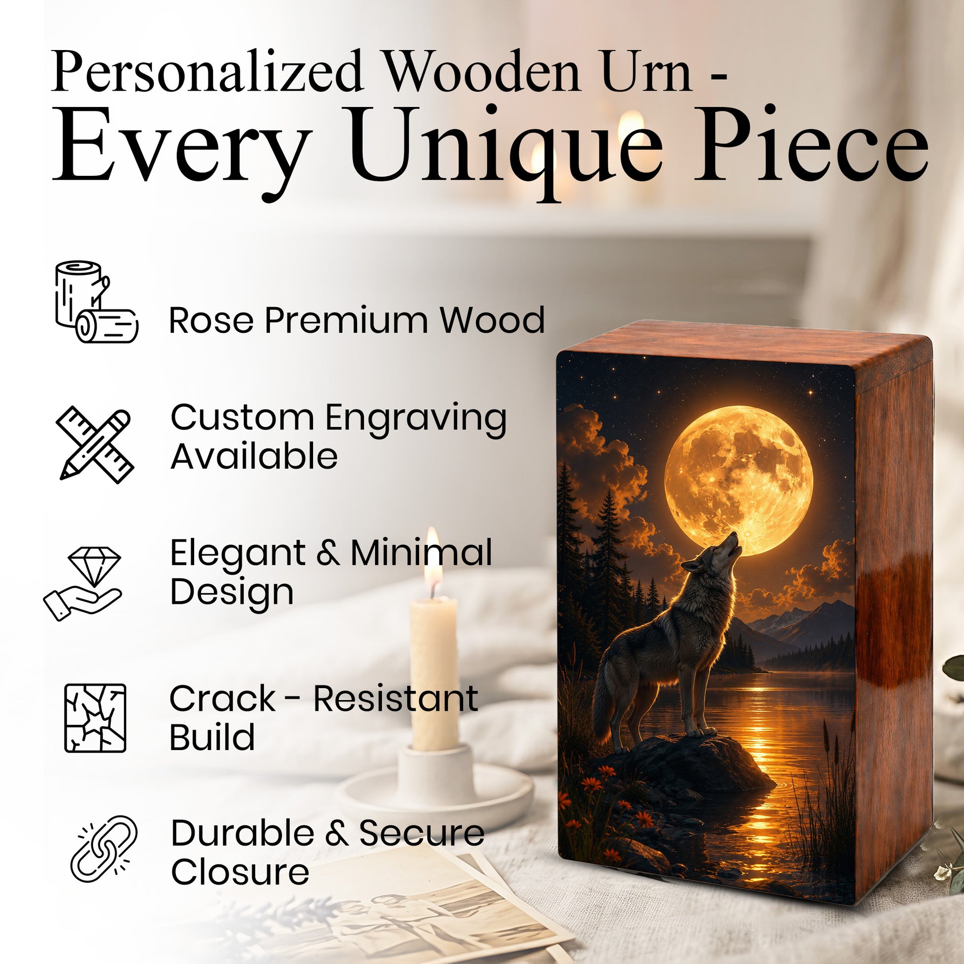 Moonlit Wolf Urn For Ashes Male - Animal Cremation Keepsake Urns For Dad