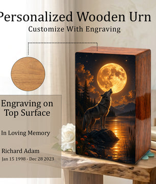 Moonlit Wolf Urn For Ashes Male - Animal Cremation Keepsake Urns For Dad