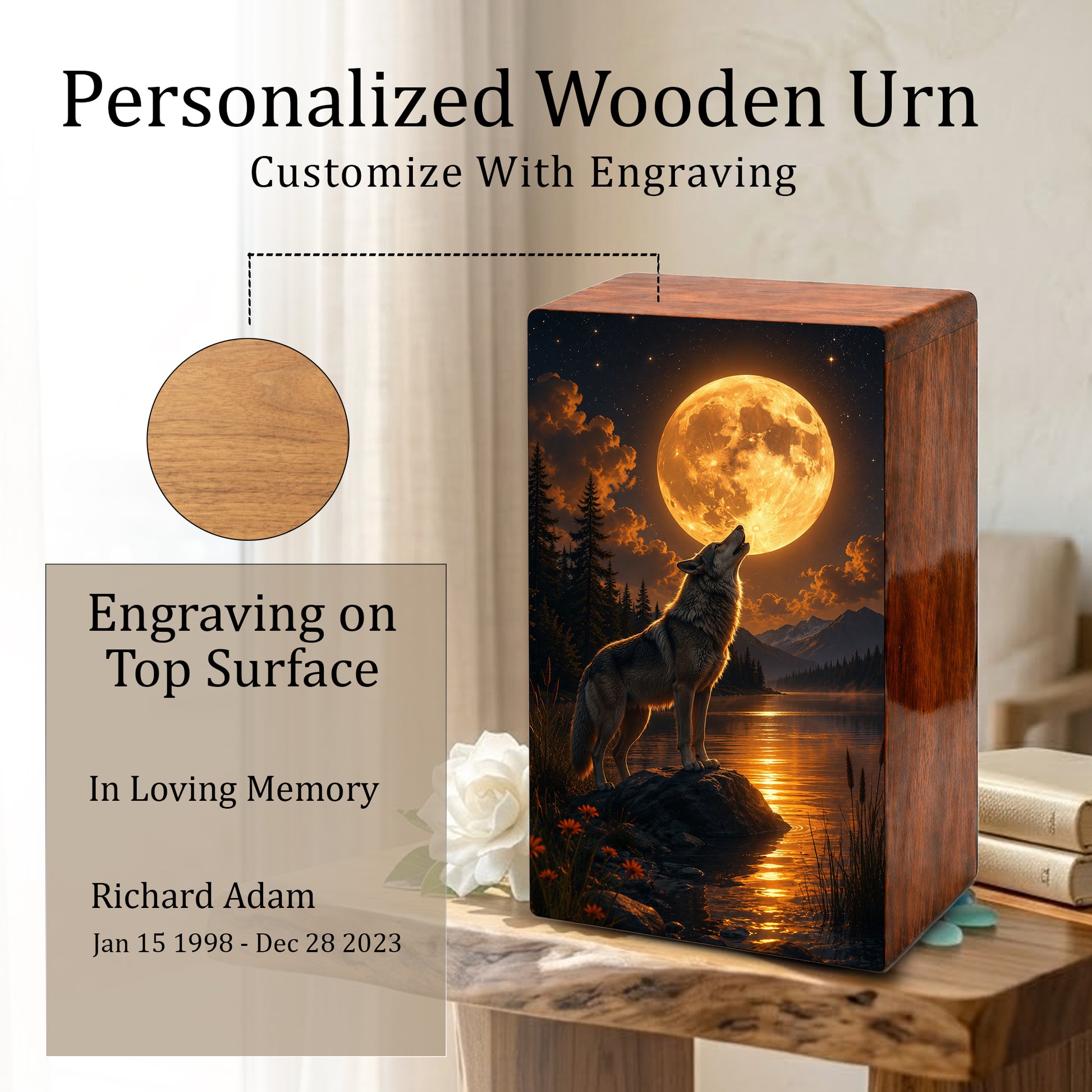 Moonlit Wolf Urn For Ashes Male - Animal Cremation Keepsake Urns For Dad