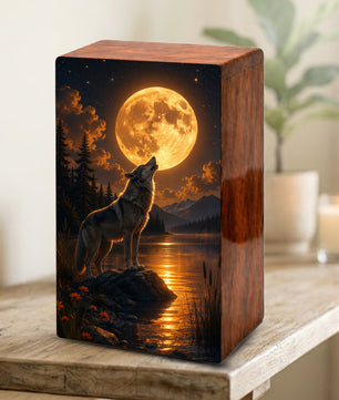 Moonlit Wolf Urn For Ashes Male - Animal Cremation Keepsake Urns For Dad