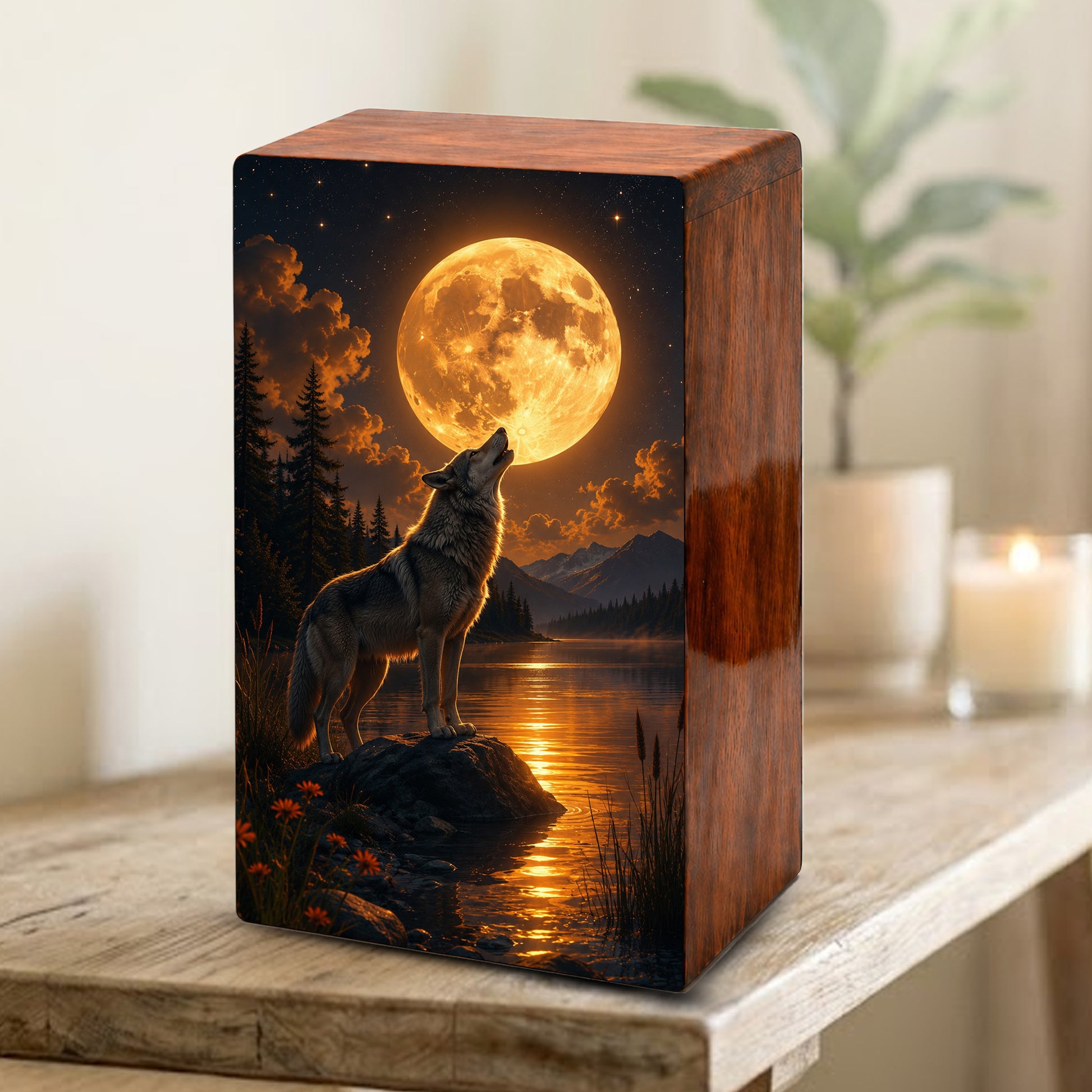Moonlit Wolf Urn For Ashes Male - Animal Cremation Keepsake Urns For Dad