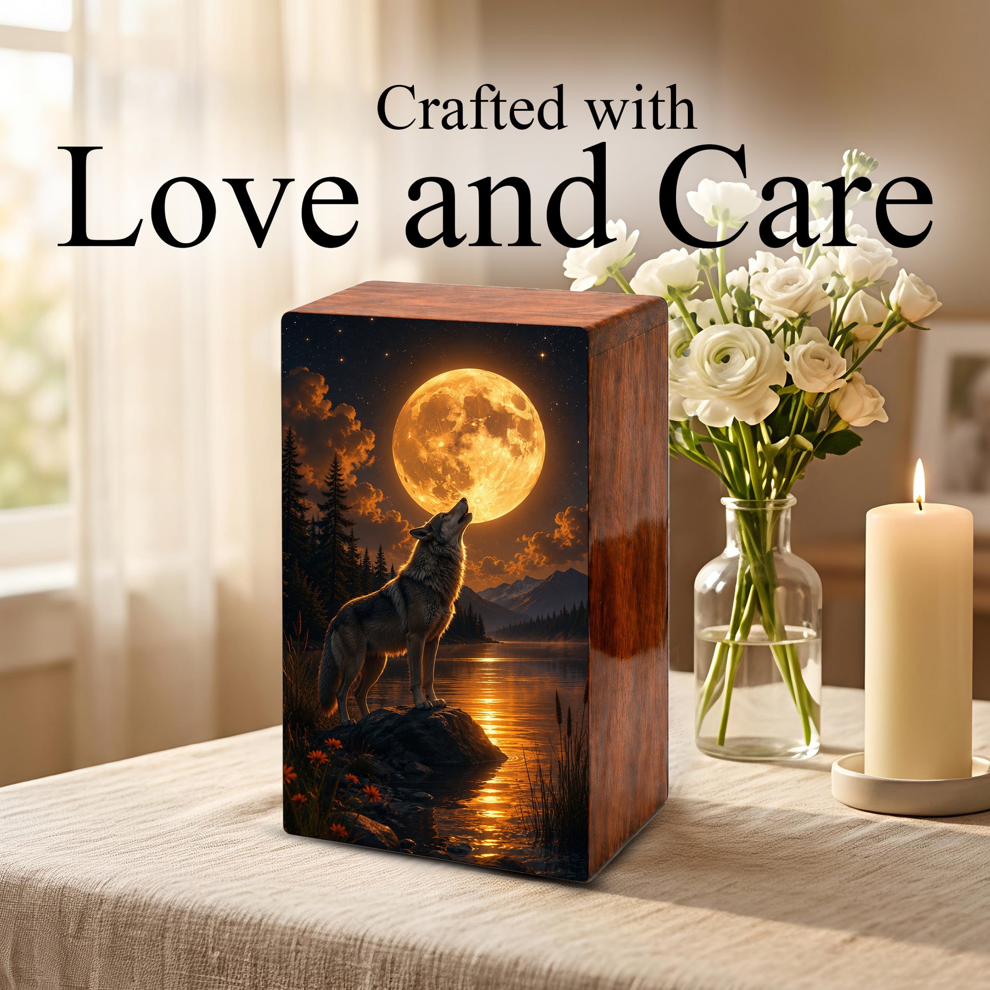 Moonlit Wolf Urn For Ashes Male - Animal Cremation Keepsake Urns For Dad