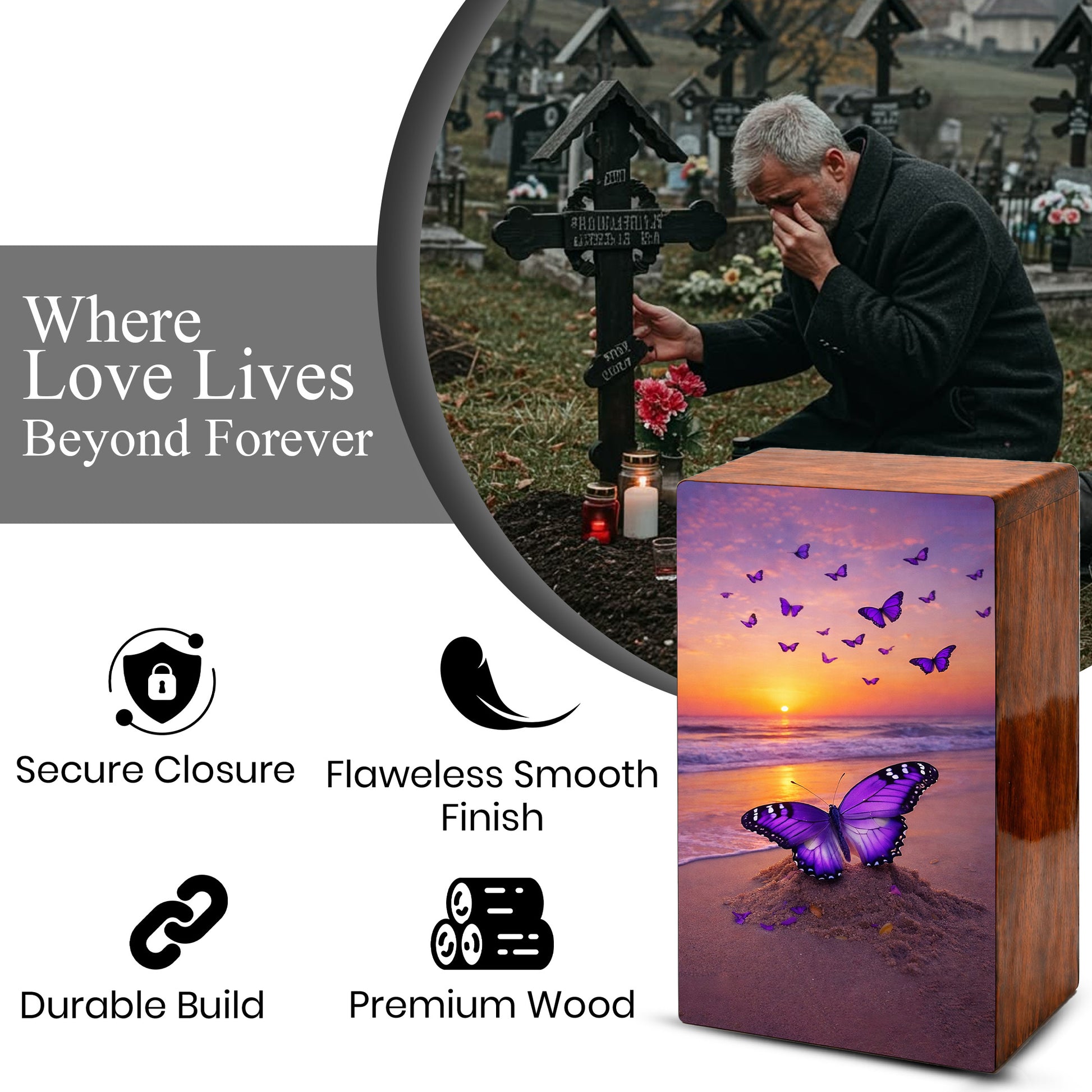 Purple Butterfly Urn For Ashes - Ocean Sunset Beach Keepsake Urns with Butterflies