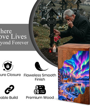 Northern Lights Wooden Cremation Urn – Aurora Borealis Winter Memorial Urn with Snowy Lake