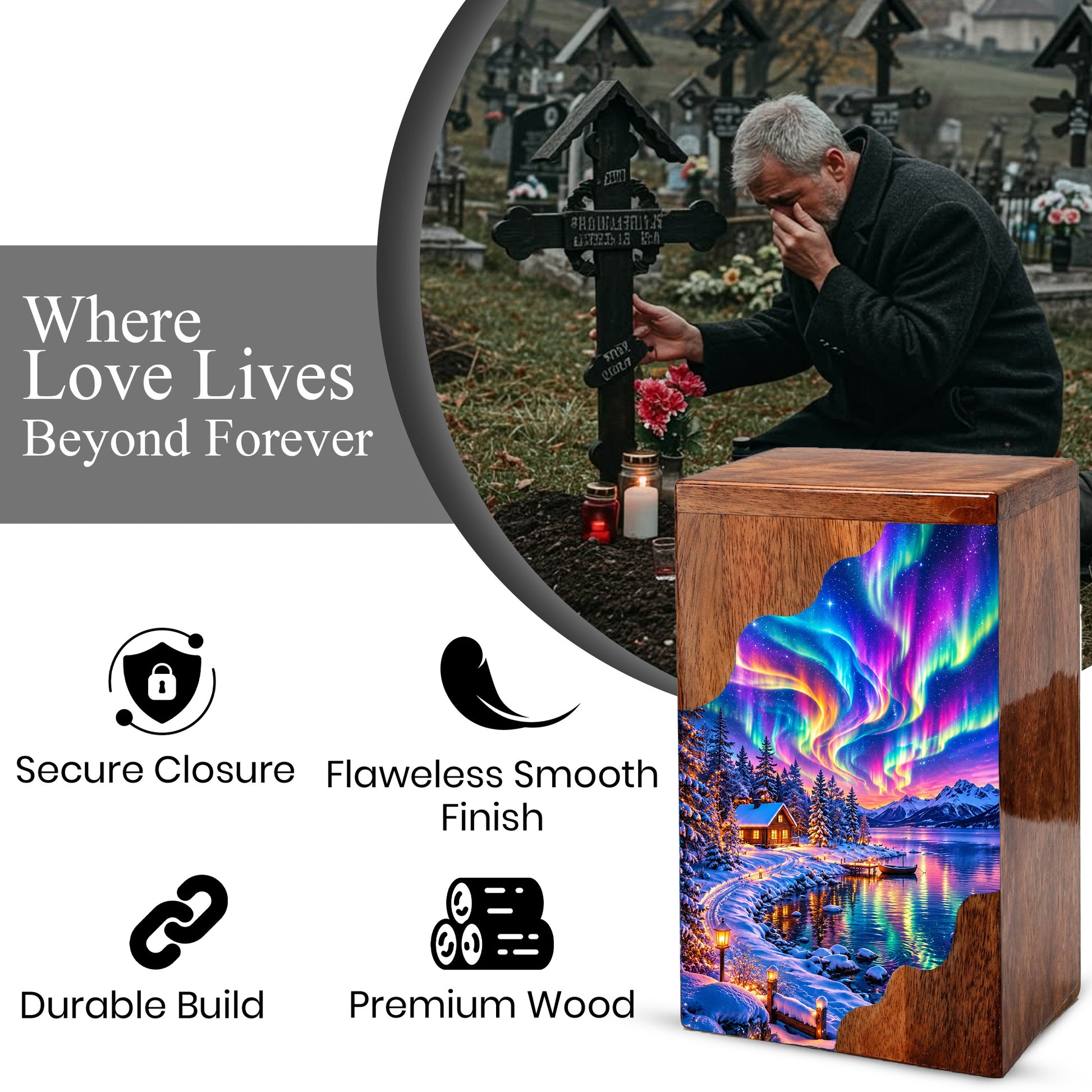 Northern Lights Wooden Cremation Urn – Aurora Borealis Winter Memorial Urn with Snowy Lake