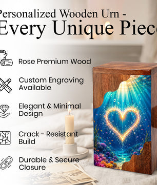 Personalized Ocean Heart Wooden Cremation Urn – Custom Memorial Urn with Underwater Heart