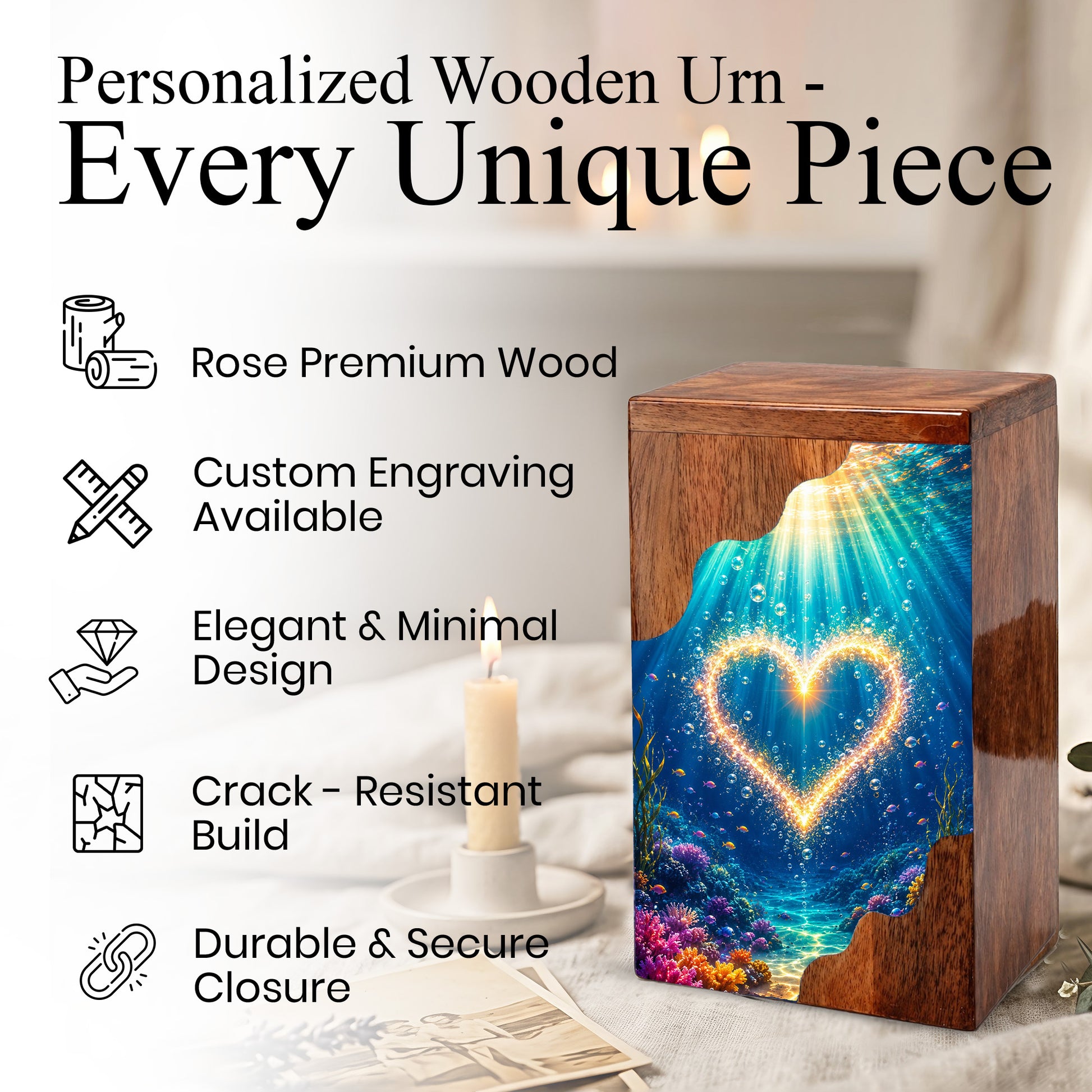 Personalized Ocean Heart Wooden Cremation Urn – Custom Memorial Urn with Underwater Heart