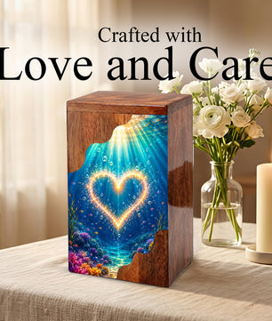 Personalized Ocean Heart Wooden Cremation Urn – Custom Memorial Urn with Underwater Heart