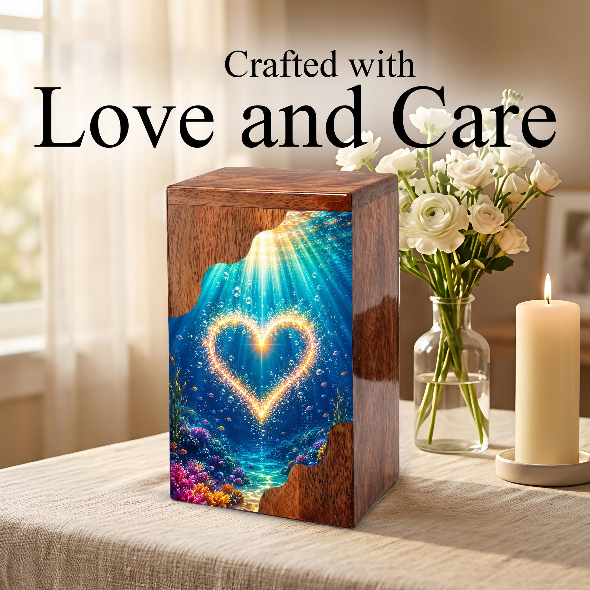 Personalized Ocean Heart Wooden Cremation Urn – Custom Memorial Urn with Underwater Heart