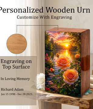 Pink Rose Flower Urn For Adult Ashes - Funeral Flowers Wooden Cremation Urn Box