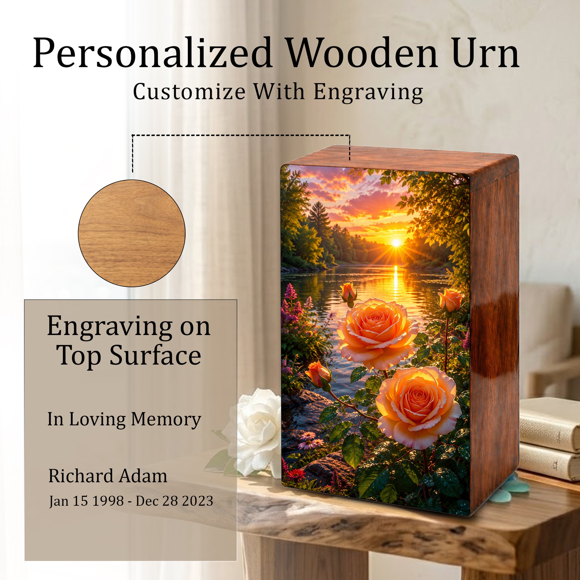 Pink Rose Flower Urn For Adult Ashes - Funeral Flowers Wooden Cremation Urn Box