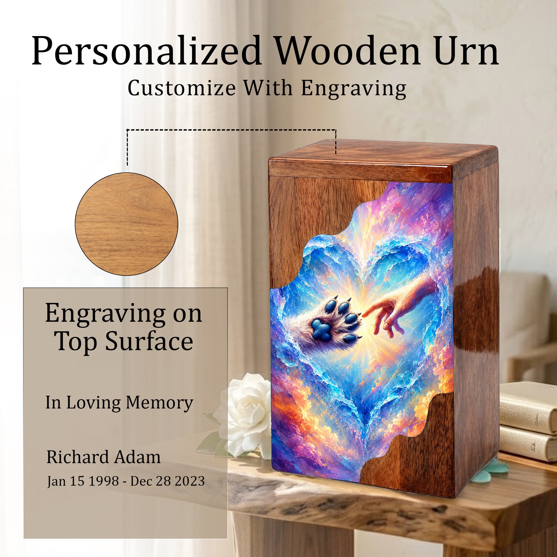 Rainbow Bridge Paw Wooden Cremation Urn – Personalized Pet Memorial Urn | Wooden Dog Urn for Ashes