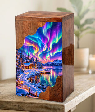 Northern Lights Wooden Cremation Urn – Aurora Borealis Winter Memorial Urn with Snowy Lake