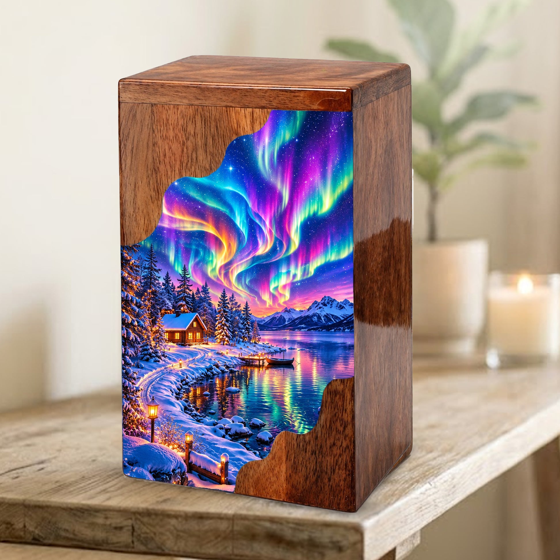 Northern Lights Wooden Cremation Urn – Aurora Borealis Winter Memorial Urn with Snowy Lake