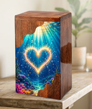 Personalized Ocean Heart Wooden Cremation Urn – Custom Memorial Urn with Underwater Heart